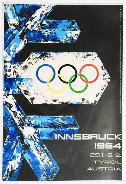 null Affiche officielle 29-1 9 février,anneaux olympiques sur panneaux balise, par...
