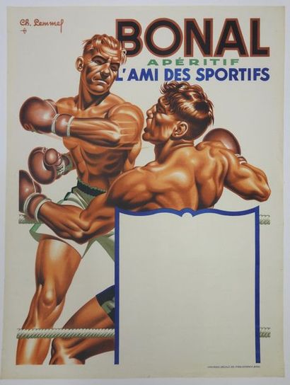 null Bonal l'ami des apéritifs, superbe match de boxe par Lemel, 1938. Etat neuf