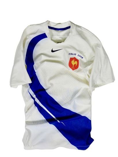null Superb white jersey with blue faces (and protective bubbles) of the French team,...