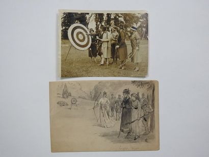 null Female archery, two pieces: a) superb original drawing by F. Régamey (initialed)...