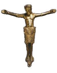 null Christ d'applique couronné en bronze frotté
Côtes stylisées, grand perizonium...