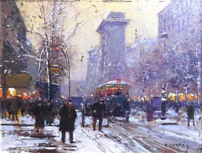 Edouard CORTES (1882-1969) La porte Saint-Denis sous la neige
Huile sur panneau
Signée...