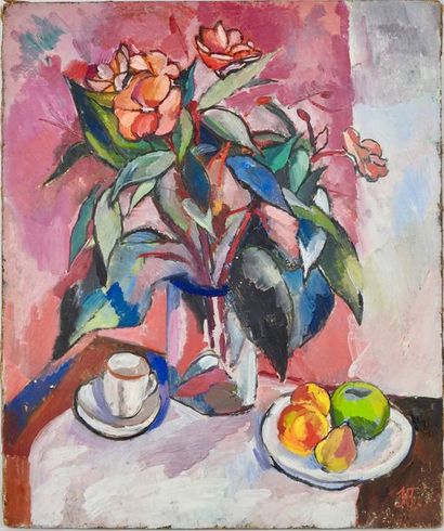 Natalia GONTCHAROVA (1881-1962) Vase de fleurs et fruits, vers 1906 - 1908
Huile...