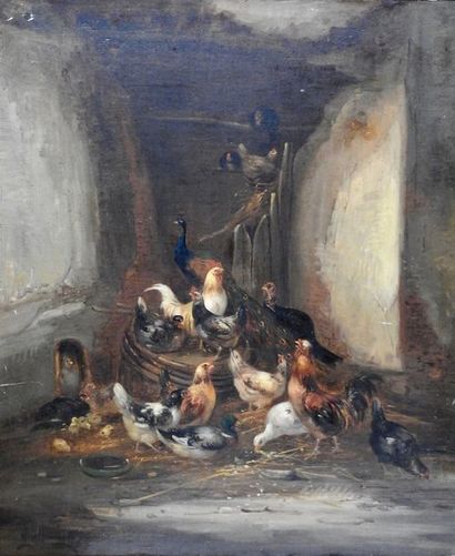 Claude Guilleminet (Paris 1821 - 1885) 
Poulailler
Sur sa toile d'origine
66 x 54,5...