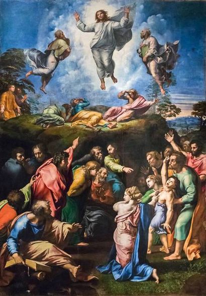 Raphaël, d'après 
La Transfiguration
Médaillon en laiton doré, traité au repoussé
L...