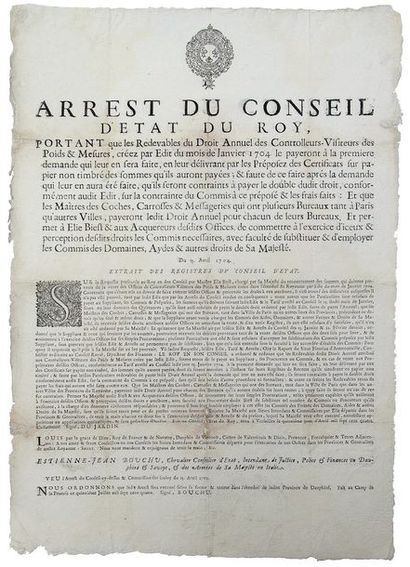 null DAUPHINÉ & SAVOIE. 1704. POIDS & MESURES - “Arrest du Conseil d'Etat du Roy,...
