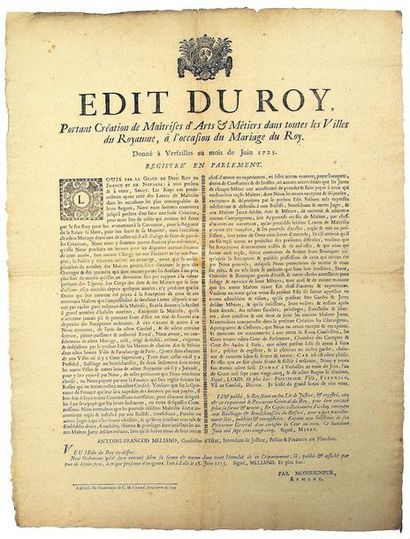 null FLANDRES. 1725. MARIAGE DU ROI - “Édit du Roy, portant Création de Maîtrises...