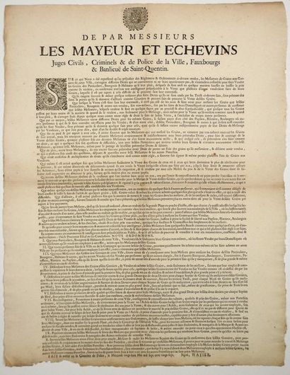 null (AISNE) 1727. GRENIERS DE SAINT- QUENTIN - Ordonnance «De par MM. Les Mayeur...