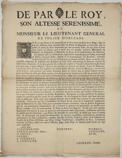 null POLICE D'ORLÉANS (45). 1727. BOUCHERIE. «De par le Roy, son altesse Sérénissime,...