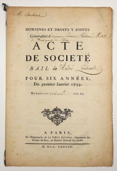 null FERMES DU ROI. 1738. Bail de Sous-Fermage des Domaines des Généralités D'AMIENS,...