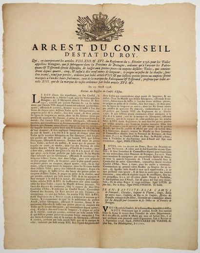 null ILLE-ET-VILAINE. 1738. BRITAIN TOILS - "Arrest of the Conseil d'Etat du Roy,...