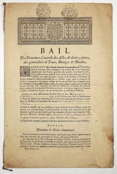 null FERMES DU ROI. 1750. Bail de Fermage des Domaines des Généralités de TOURS,...