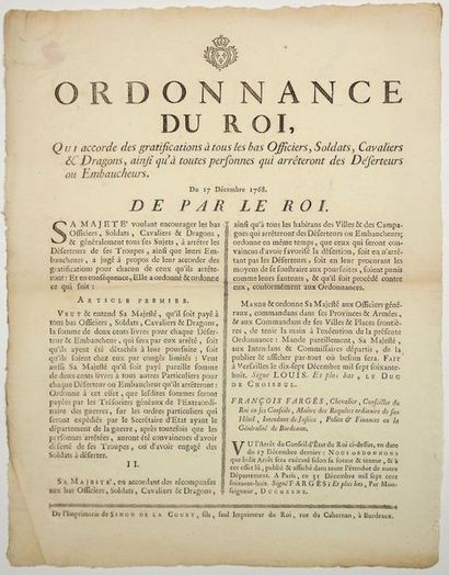 null GIRONDE. 1768. «Ordonnance du ROI (LOUIS XV), qui accorde des Gratifications...