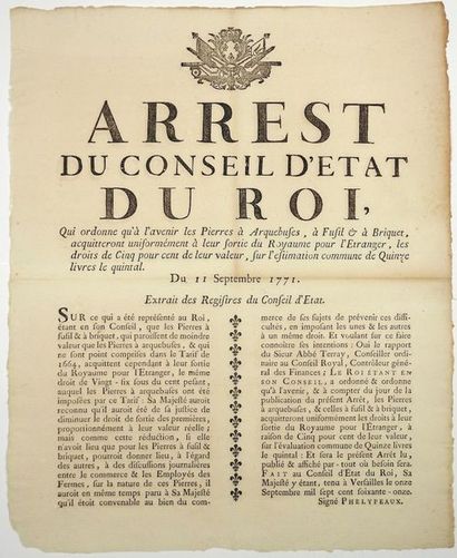 null 1771. PIERRES A ARQUEBUSES, A FUSIL & A BRIQUET - «Arrest du Conseil d'Etat...