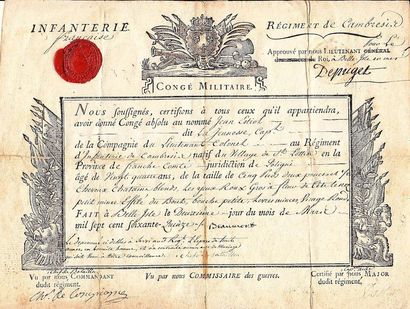 null BELLE ISLE EN MER (56). 1775. RÉGIMENT DE CAMBRÉSIS.
Congé militaire absolu...