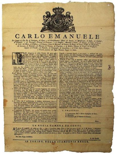 null COMTÉ DE NICE (06). 1777 - Affiche à l'en-tête de CHARLES-EMMANUEL «CARLO EMANUELE»...