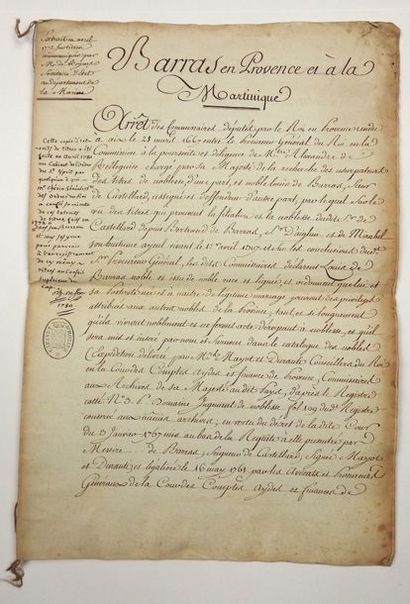 null «BARRAS EN PROVENCE ET A LA MARTINIQUE». 1780. Généalogie et preuves de Noblesse...