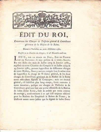 null MARIE-ANTOINETTE. «Édit du Roi (Louis XVI) concernant les Charges de Trésorier-général...