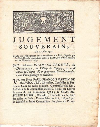 null (MARNE. REIMS. 1782. FAUX-SAUNAGE) «Jugement Souverain du 25 mars 1782, rendu...