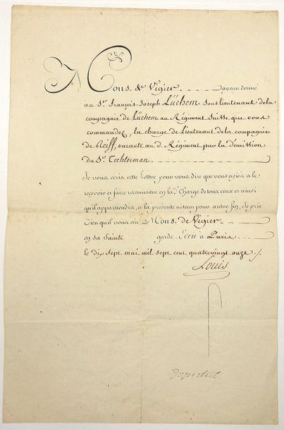 null RÉGIMENT SUISSE - Lettre Royale de Nomination écrite de Paris le 17 Mai 1791...