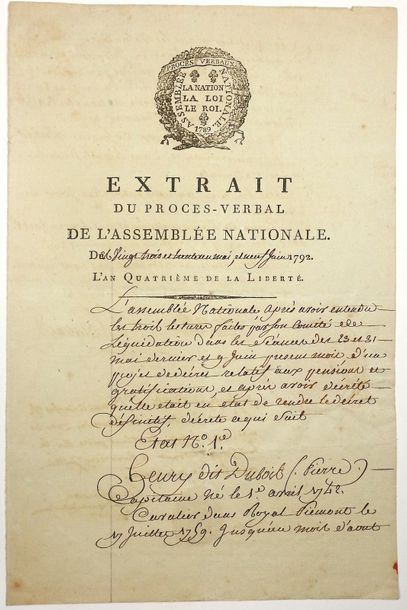 TRONCHON (Nicolas-Charles) 1759 - 1828 Député de l'OISE - “Extrait du Procès-Verbal...