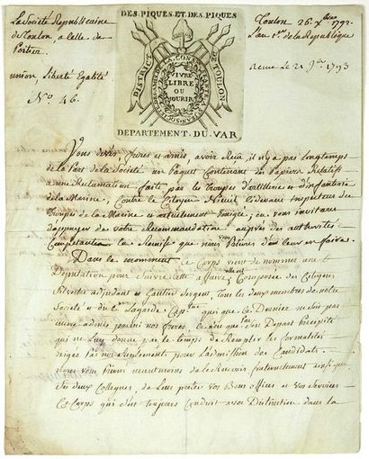 null SOCIÉTÉ RÉPUBLICAINE DE TOULON (VAR). Lettre signée des membres du Comité de...