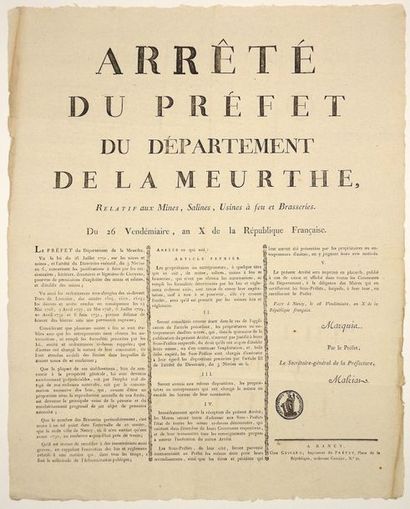 null MEURTHE-ET-MOSELLE. 1801. MINES, SALINES, USINES. «Arrêté du Préfet du Département...