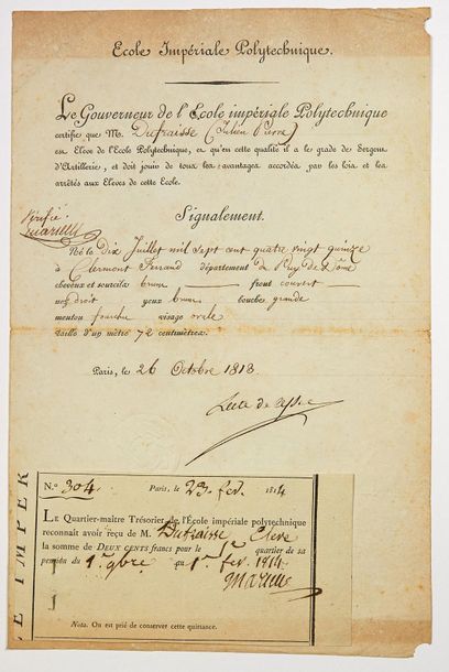 «ÉCOLE IMPÉRIALE POLYTECHNIQUE.» (En-tête.) Pièce signée Jean-Girard LACUÉE, Comte...