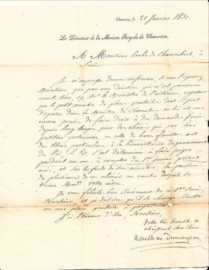 null VAL-DE-MARNE. 1830. «Maison Royale de CHARENTON». Lettre signée Simon GRÉGOIRE...