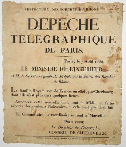 null LES TROIS GLORIEUSES. DÉPART DES BOURBONS. 1830. BOUCHES-DU-RHÔNE - «Dépêche...