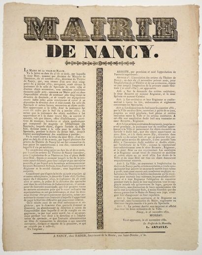 null 1831. “MAIRIE DE NANCY” (54). Arrêté de MOREAU Maire de Nancy, 26 novembre 1831...