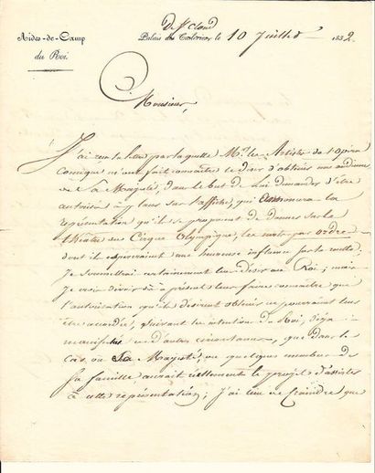 null HAUTS-DE-SEINE. Palais de SAINT CLOUD (92) le 10 Juillet 1832. Lettre signée...