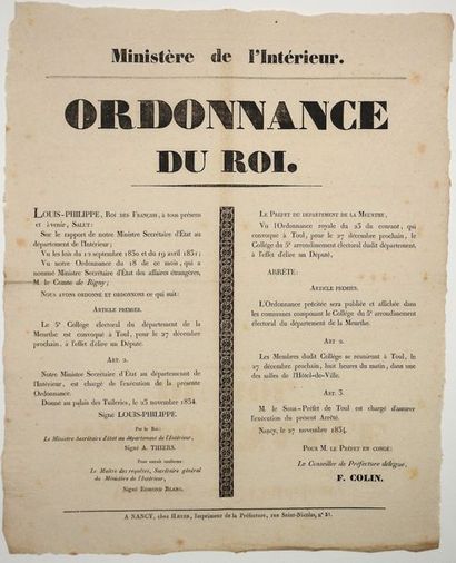 null MEURTHE.1834 - ÉLECTION. Ordonnance du Roi LOUIS-PHILIPPE & THIERS Ministre...