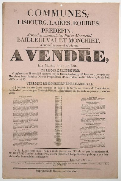 null MEURTHE. PAS-DE-CALAIS. Vente par adjudication publique le 5 Mai 1834, par le...