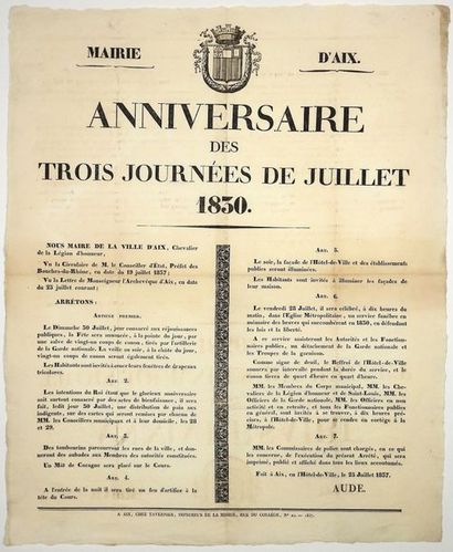 null 1837. MAIRIE D'AIX (13) “ANNIVERSAIRE DES TROIS JOURNÉES DE JUILLET 1830.” (LES...