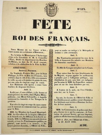 MAIRIE D'AIX (13) 1840. «FÊTE DU ROI DES FRANÇAIS.» Arrêté concernant la célébration...