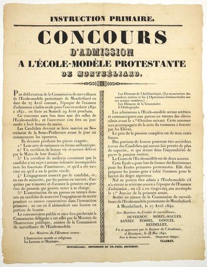 MONTBÉLIARD (Doubs) 1840. PROTESTANT. INSTRUCTION PRIMAIRE - “CONCOURS d'admission...