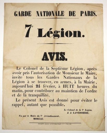 null “GARDE NATIONALE DE PARIS”. 7e LÉGION. (RÉVOLUTION DE FÉVRIER 1848) «AVIS du...