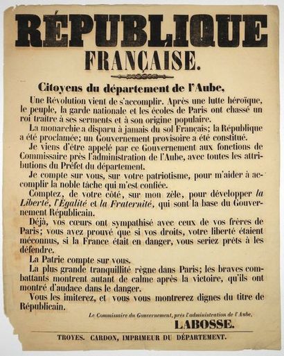 null (AUBE. RÉVOLUTION DE FÉVRIER 1848). «RÉPUBLIQUE FRANÇAISE. Citoyens du Département...