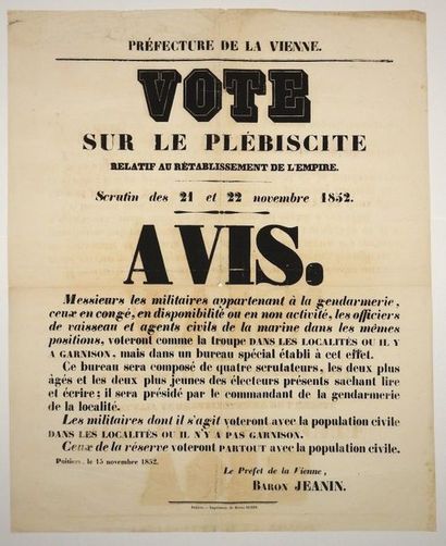 null VIENNE. 1852. VOTE SUR LE PLÉBISCITE RELATIF AU RÉTABLISSEMENT DE L'EMPIRE (Pour...