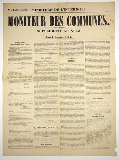 null PROCLAMATION DE L'EMPIRE. 1852 - «MONITEUR DES COMMUNES» (Supplément n°42) du...