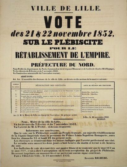NAPOLÉON III LILLE (59) «VOTE des 21 & 22 Novembre 1852, sur le Plébiscite pour le...