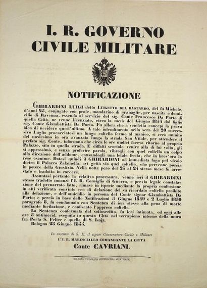 null (ITALIE) BOLOGNE 28 juin 1855. PEINE DE MORT & FUSILLÉ - «I.R. GOVERNO CIVILE...
