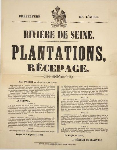 null AUBE. NAVIGATION - "RIVIÈRE DE SEINE. PLANTATION, RECÉPAGE" Arrêté du Préfet...