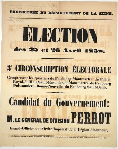 null (PARIS) Département DE LA SEINE - ÉLECTIONS des 25 et 26 Avril 1858 - Placard...