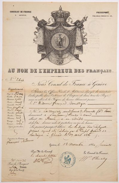 null GENÈVE (SUISSE) 13 Novembre 1860. PASSEPORT délivré par le Consulat de France...