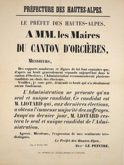 null HAUTES-ALPES - GAP 10 Juin 1861. Alexandre LE PEINTRE «Le Préfet des Hautes-Alpes,...
