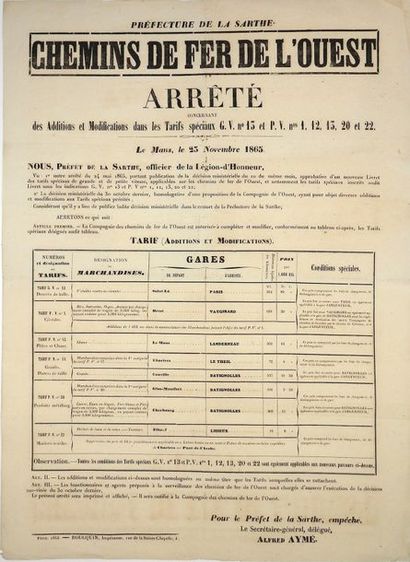 null SARTHE. 1865. “CHEMINS DE FER DE L'OUEST” - Arrêté concernant des additions...