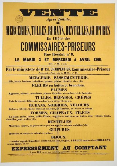 null PARIS. Vente aux enchères Rue ROSSINI, 1866) - «VENTE, après faillite, de MERCERIES,...