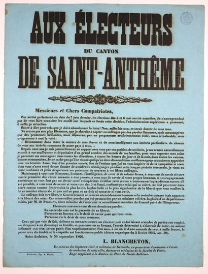 null 1866 - PUY-DE-DÔME (SAINT-ANTHEME) - AUX ÉLECTEURS DU CANTON DE SAINT-ANTHEME...